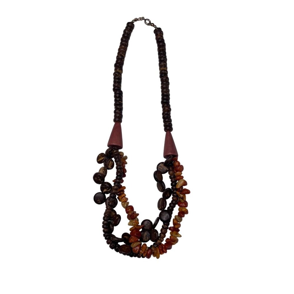 Wood Bead Boho Necklace Multi Layer Strand Jewelry Handmade Vintage u